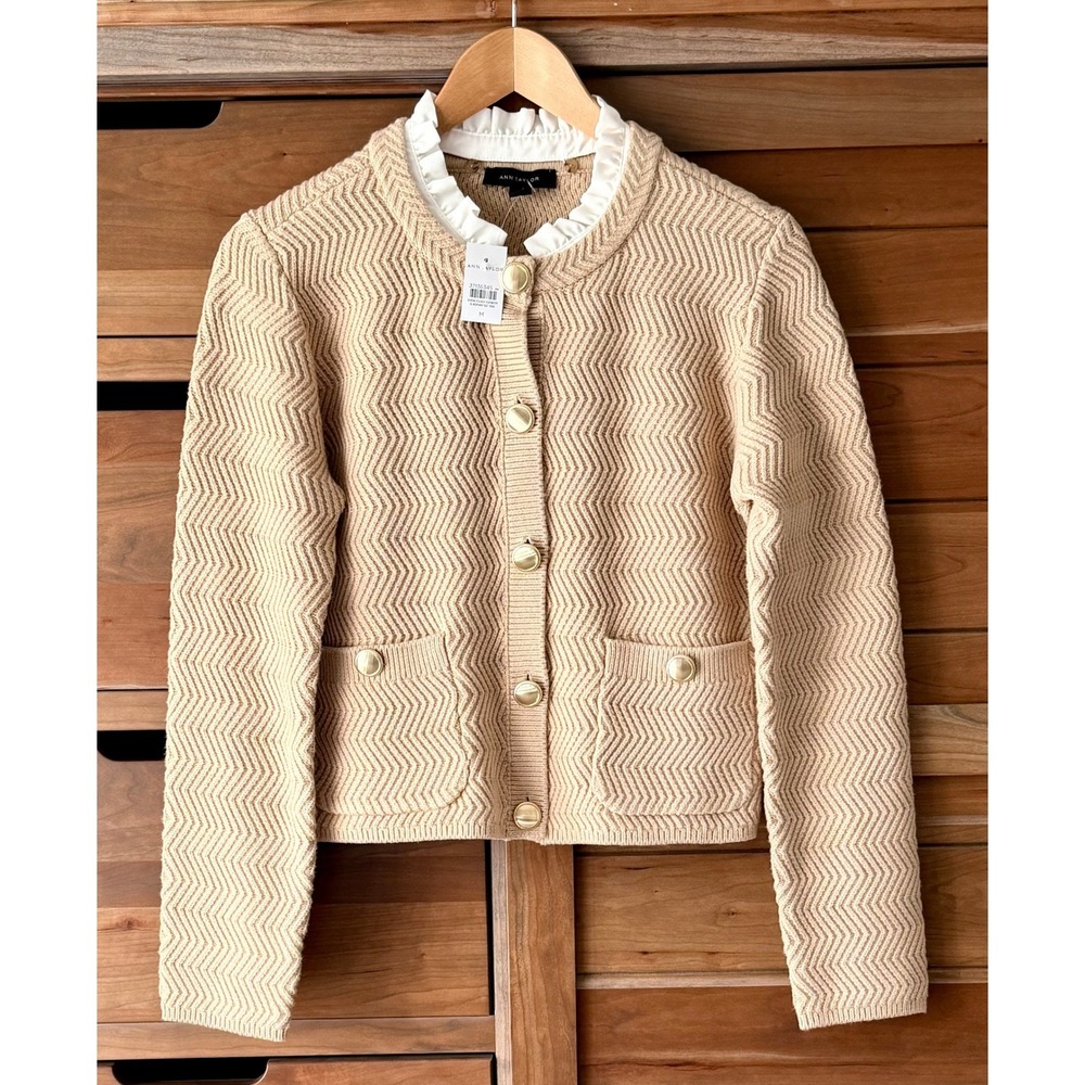 NWT Ann Taylor Women's Size M Chevron Stitch Ruffle Neck Sweater Jacket - Picture 2 of 6